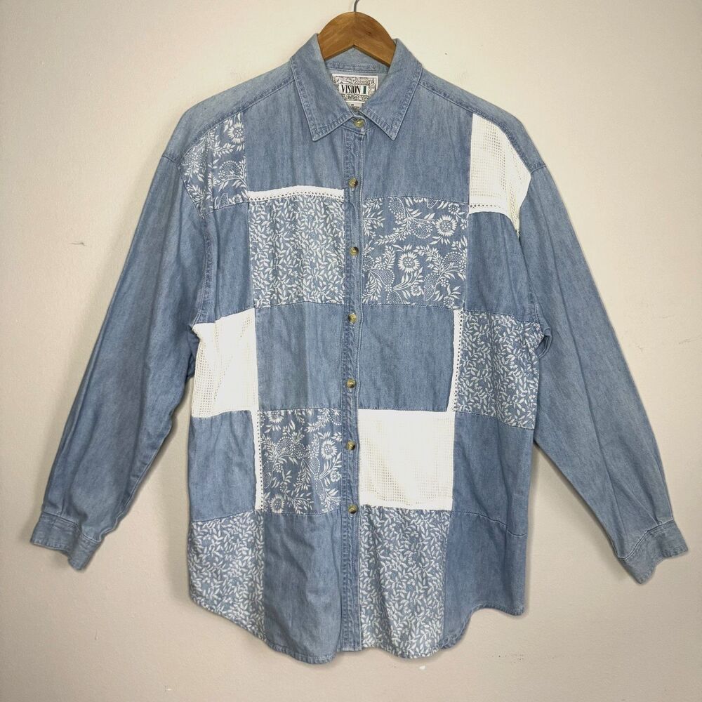 Vintage Patchwork Shirt Denim Button Up Women Medium Cowgirl Boho Floral Cottage